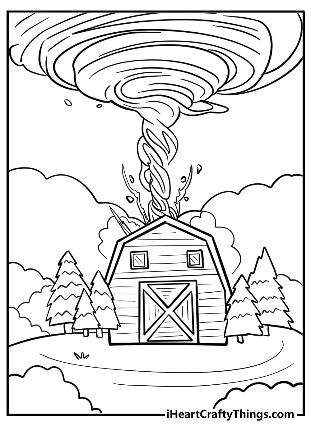 Twister forming over a farm free coloring page pdf