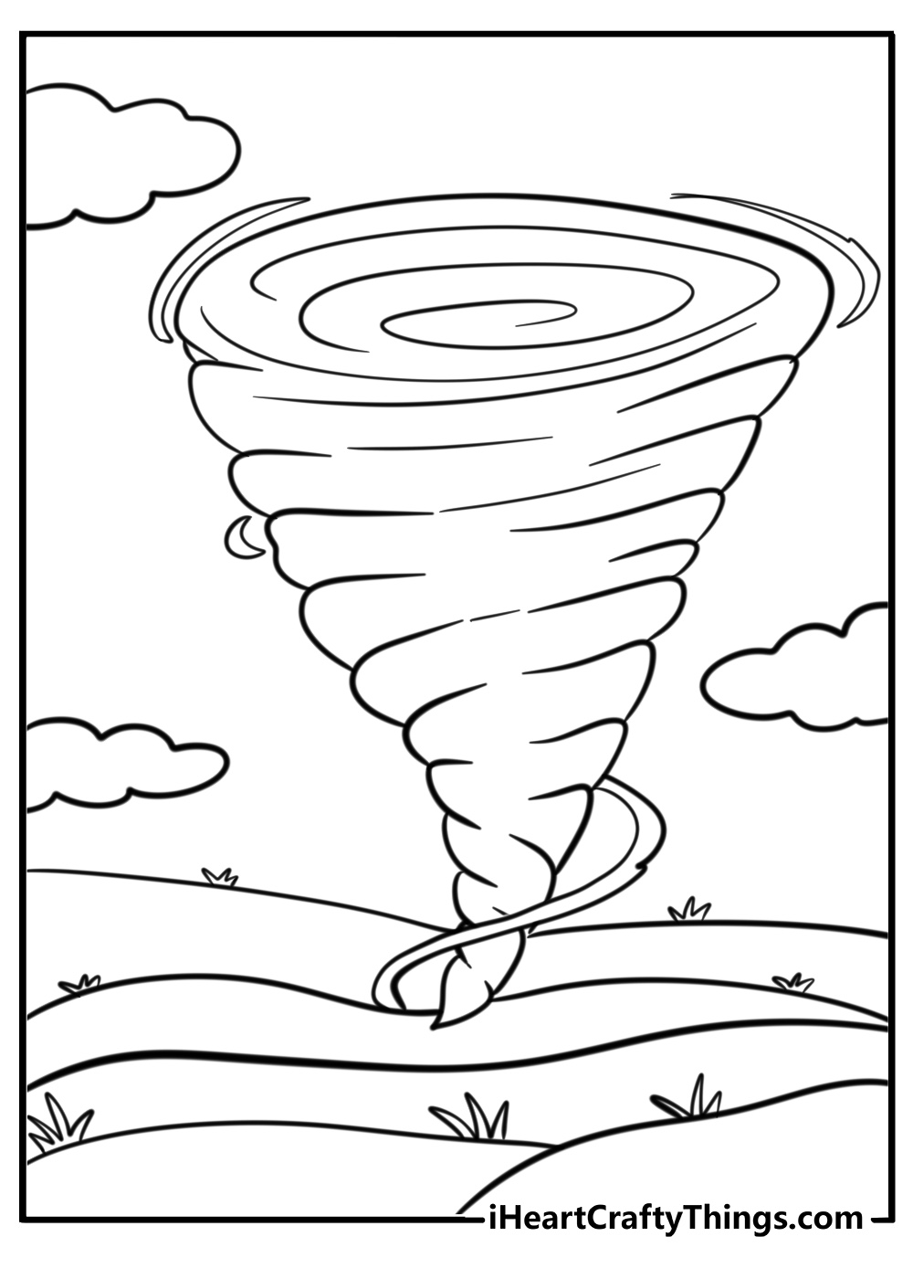 Twisting tornado in an open field coloring page for kids