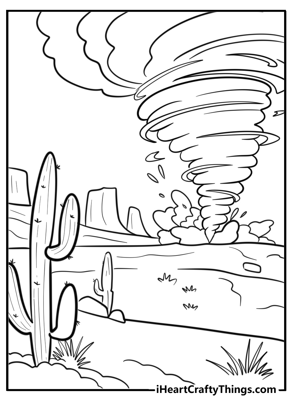 Twisting tornado in the desert free coloring page pdf