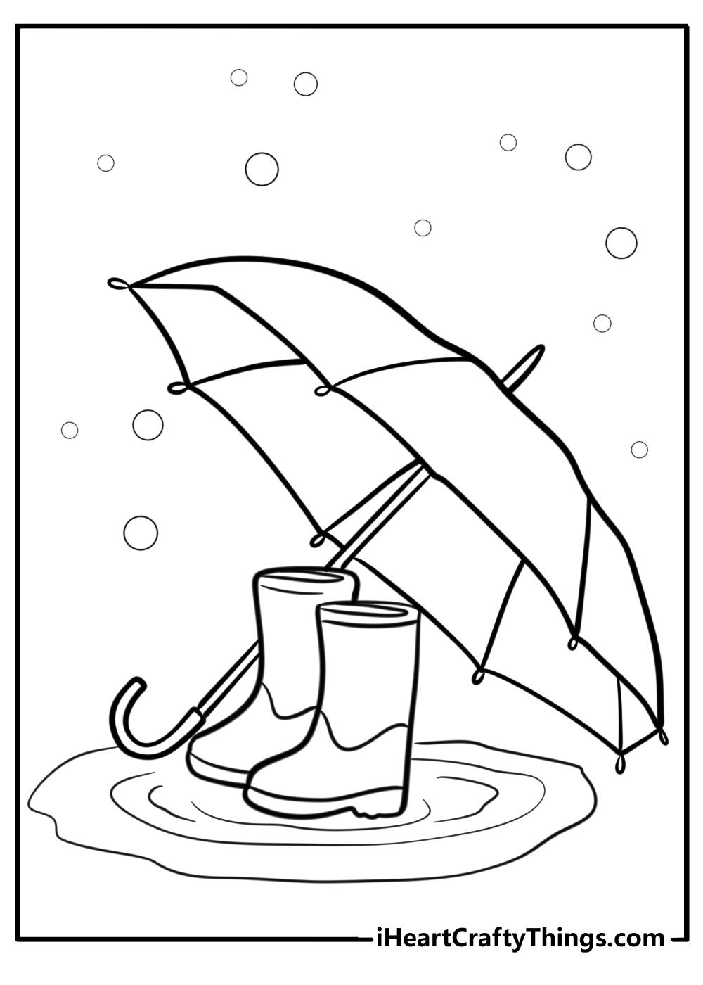 Umbrella and puddles with rain boots detailed coloring sheet