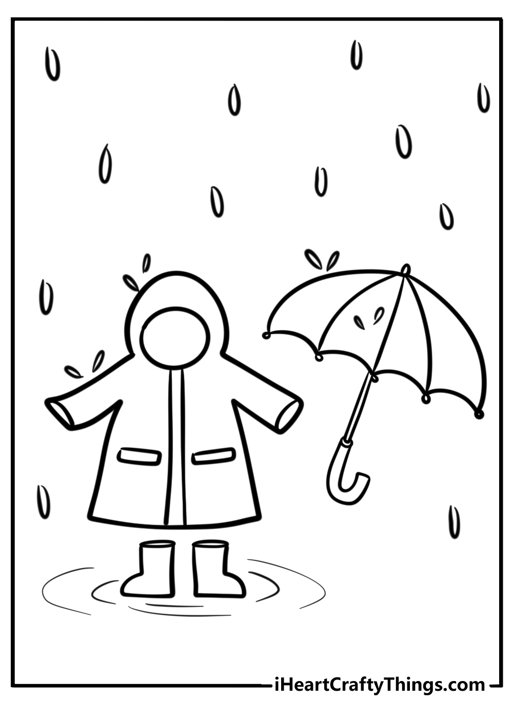 Umbrella and raincoat in a rainy scene detailed coloring sheet