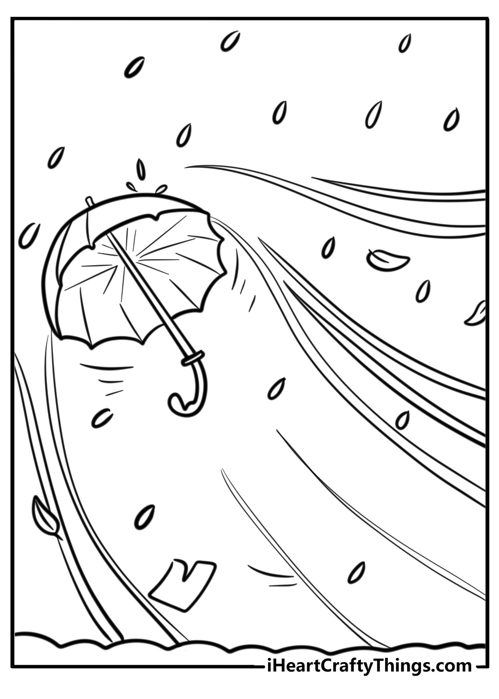 Umbrella in a stormy rain printable coloring page