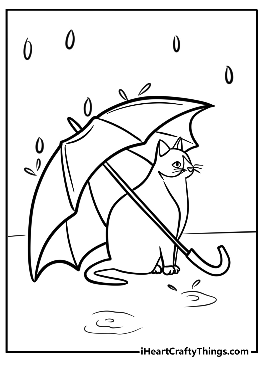 Umbrella with a cat underneath free coloring page pdf