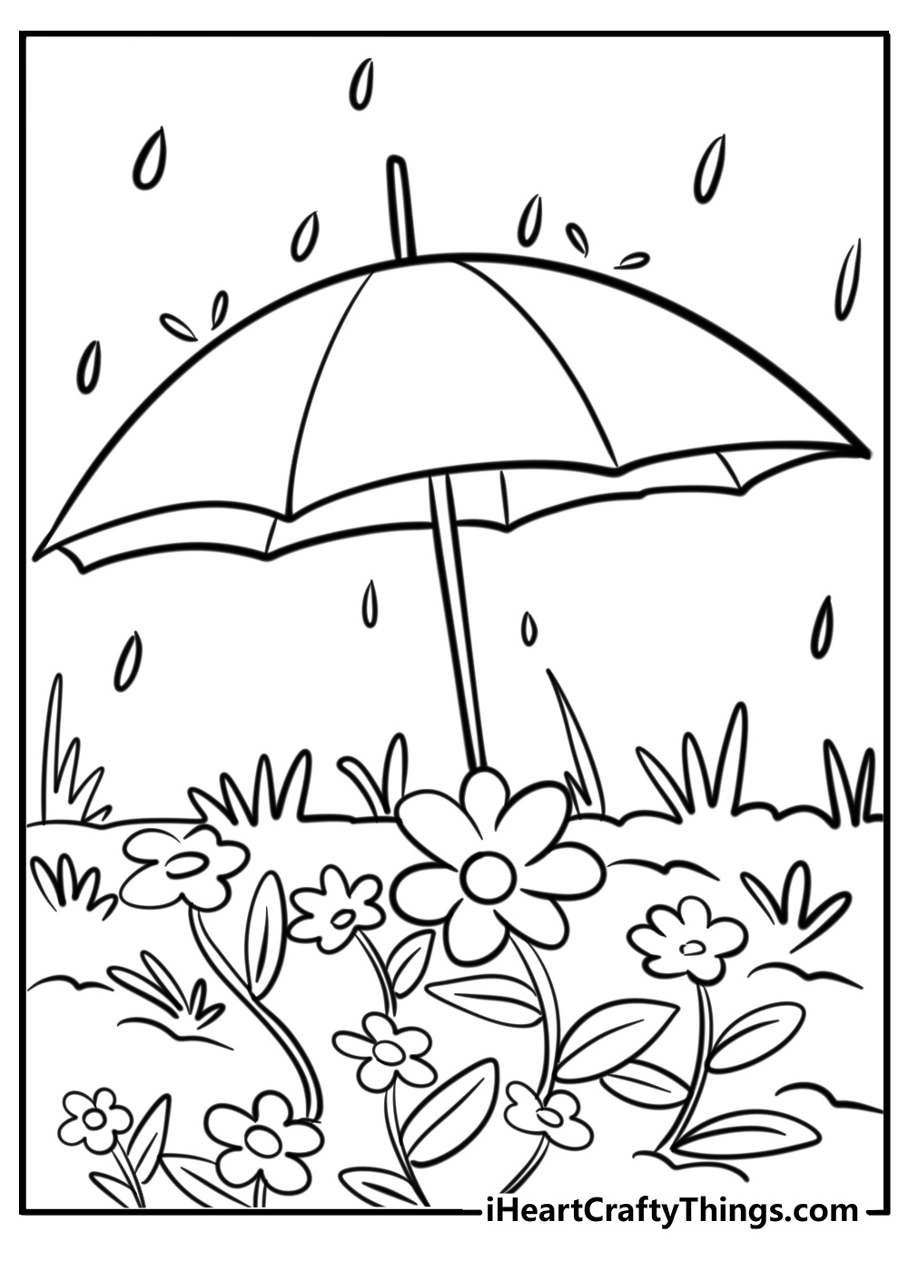 Umbrella with flowers under the rain detailed coloring sheet