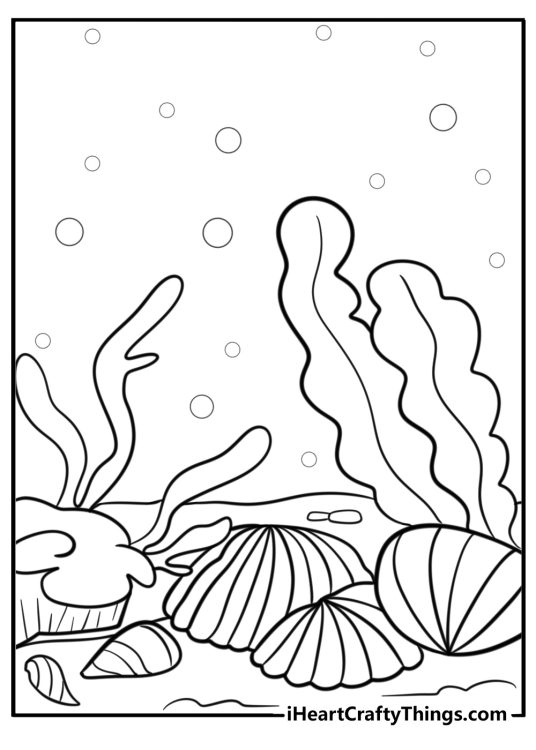 Underwater coral reef with shells fun coloring sheet
