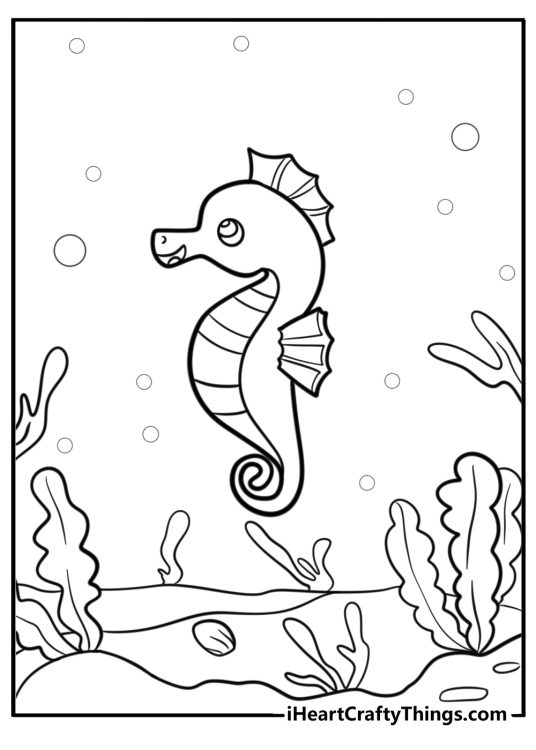 Underwater coral with seahorses detailed coloring sheet