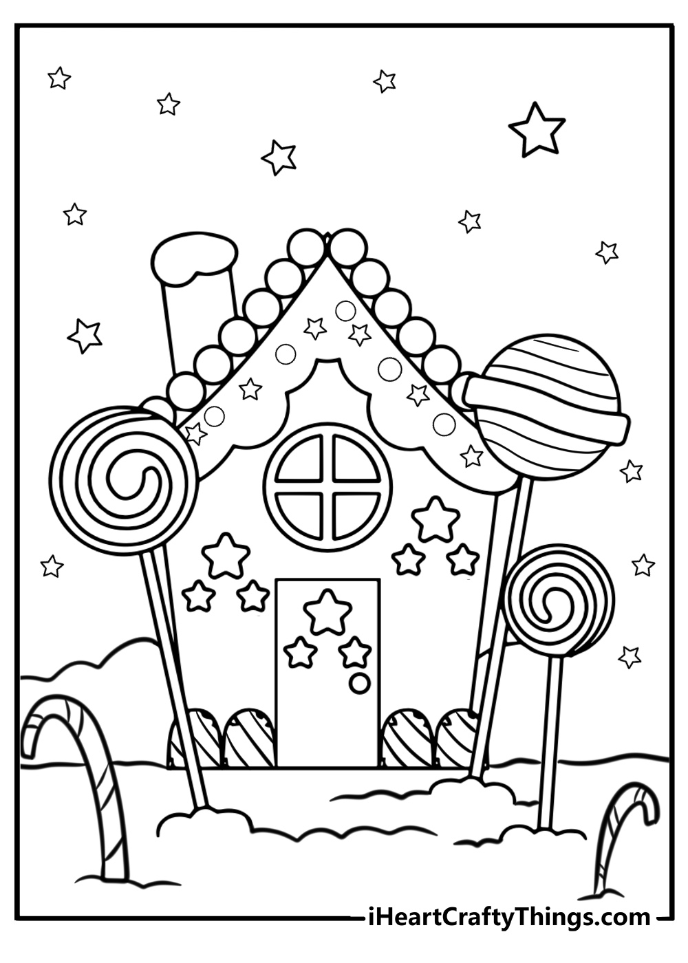 Whimsical gingerbread house with stars fun coloring sheet