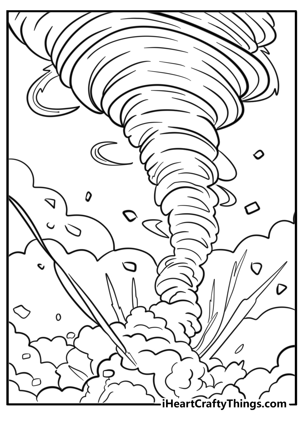 Whirling tornado with debris fun coloring sheet