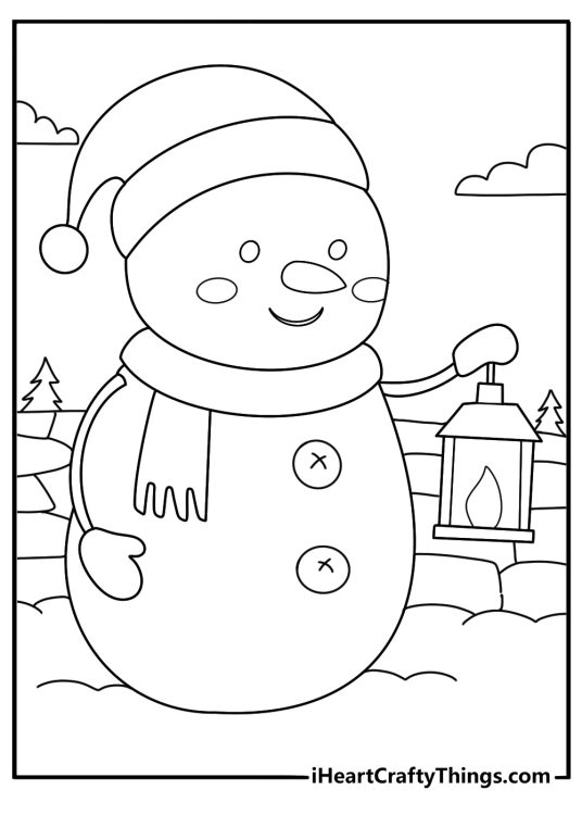 winter snowman printable pdf snowman beside a lantern and a short stone wall