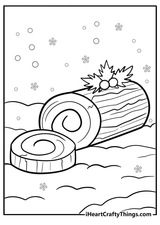Detailed coloring sheet for children featuring a traditional Christmas cake Yule Log