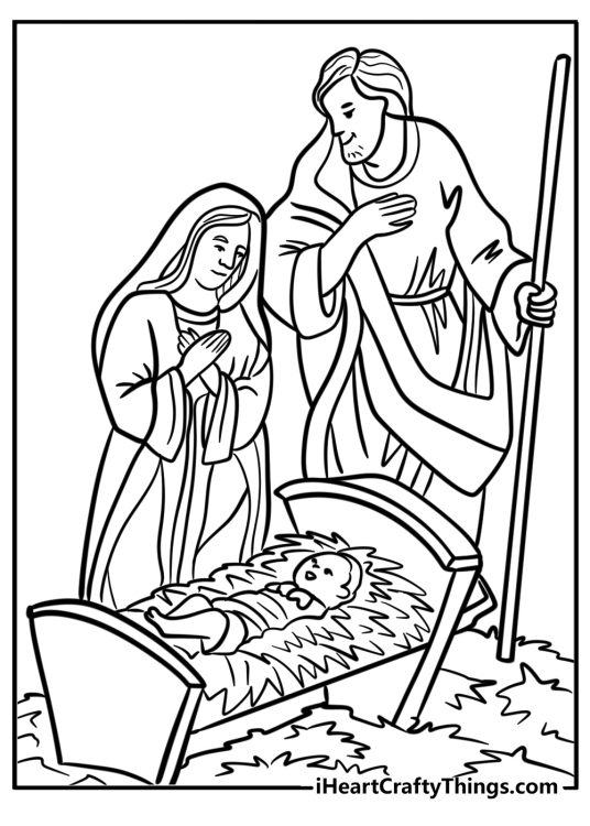 Detailed Christmas-themed printable coloring drawing for children of a Holy Family