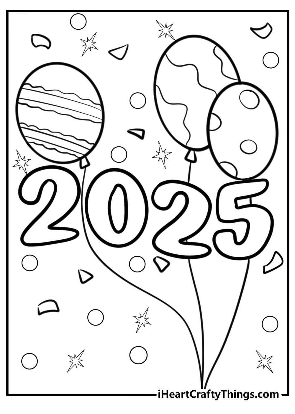 2025 with balloons and streamers coloring page