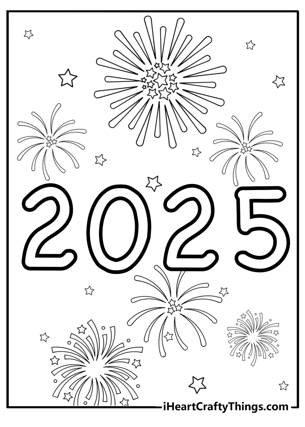 2025 with stars and fireworks printable coloring page