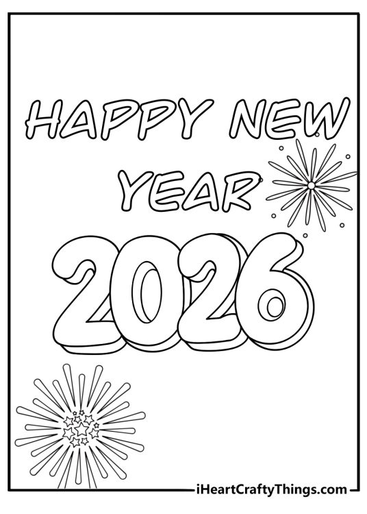 2026 with stars and fireworks printable coloring page