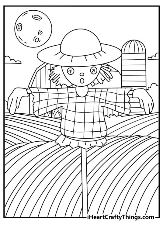 A moonlit farm path appears behind the figure in this detailed coloring sheet