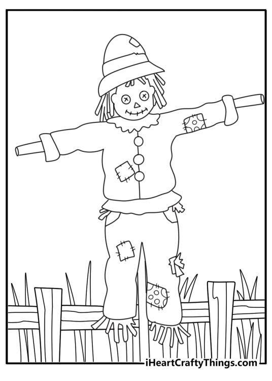 A rustic field gate frames the scarecrow in this detailed autumn sheet