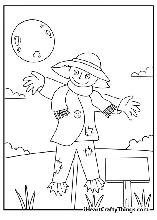 A scarecrow stands beside a wooden farm sign in this autumn printable