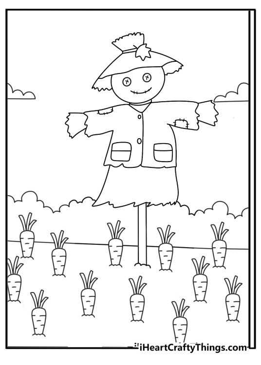 A scarecrow watches over a vegetable garden in this coloring page for kids