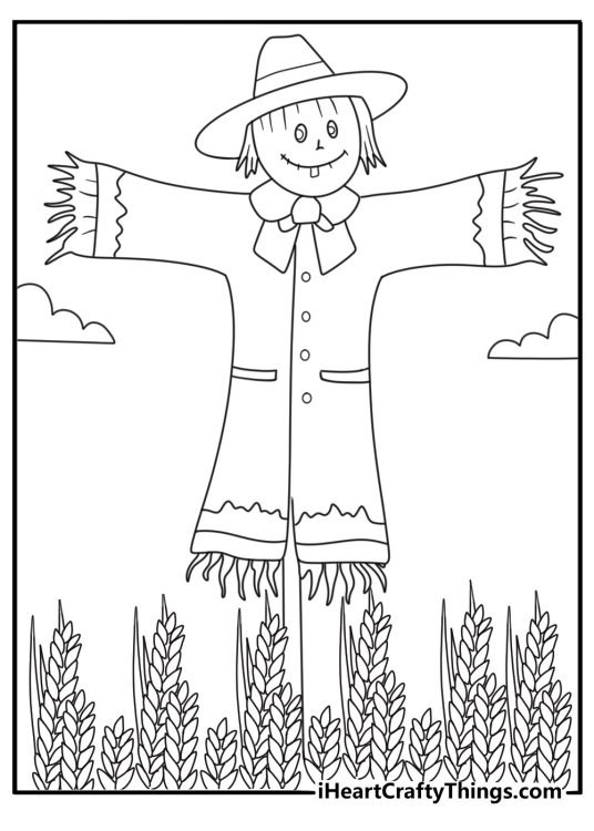 A simple coloring sheet shows a scarecrow near rows of wheat