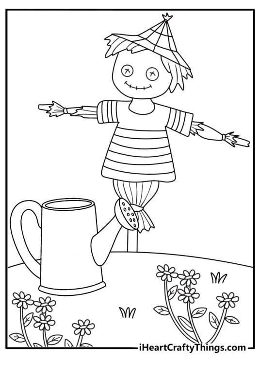 A watering can rests near the post in this simple garden coloring sheet