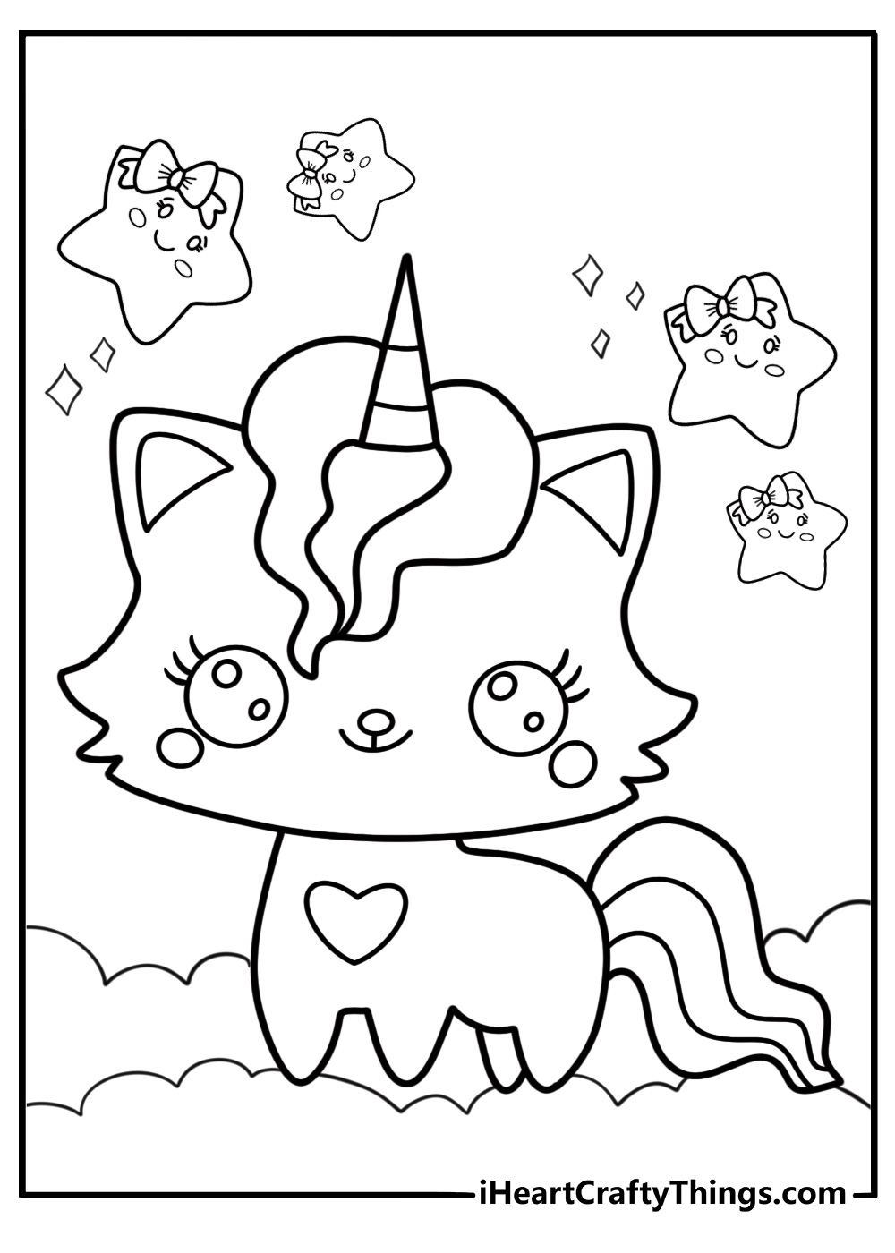 Adorable unicorn cat coloring page with paws and horn