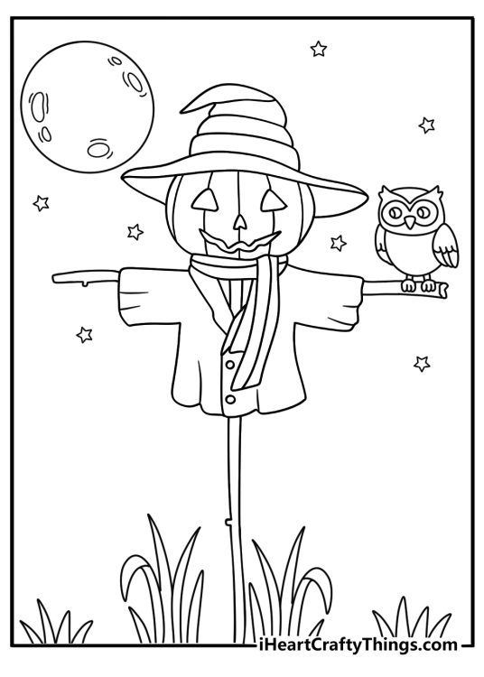An owl sits on a nearby sign in this nighttime scarecrow printable