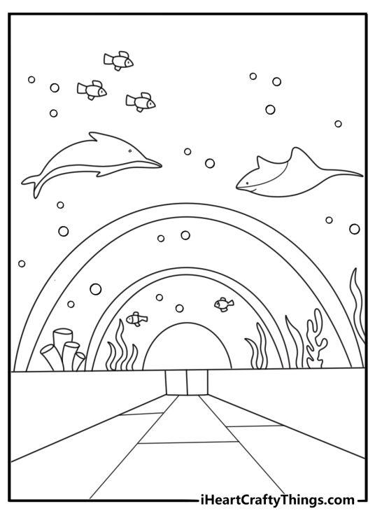 Aquarium tunnel with fish swimming overhead zoo coloring sheet free