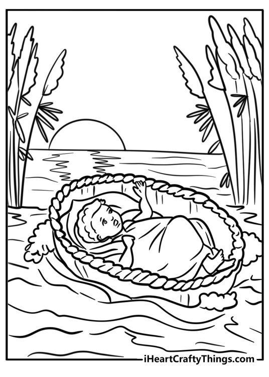 Baby Moses floating in the river fun Bible story coloring sheet