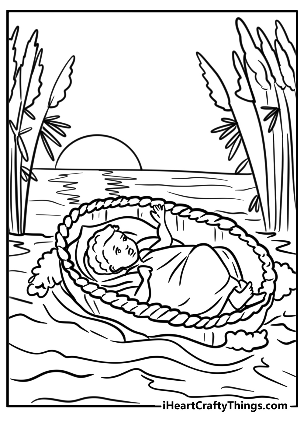 Baby Moses floating in the river fun Bible story coloring sheet