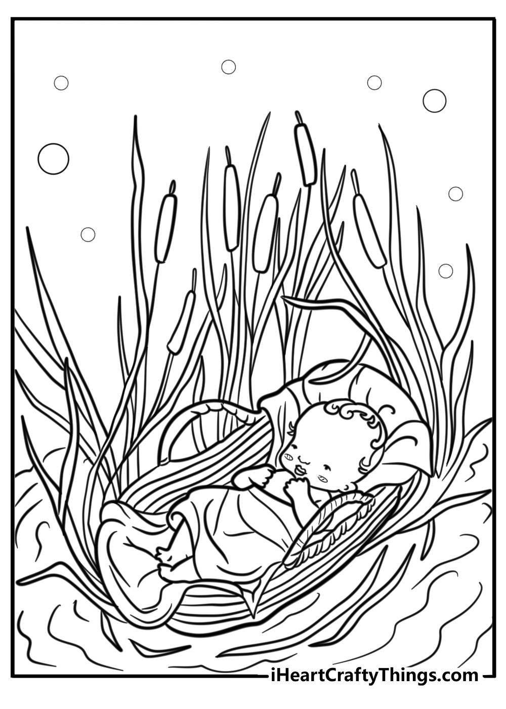 Baby Moses in a basket on the river free coloring page PDF