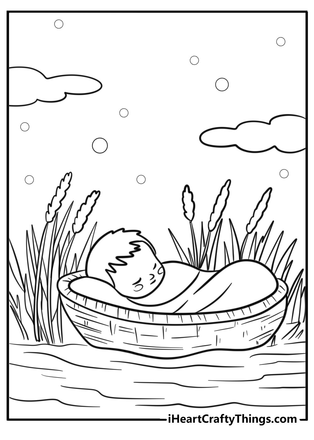 Baby Moses in a basket surrounded by reeds detailed coloring sheet