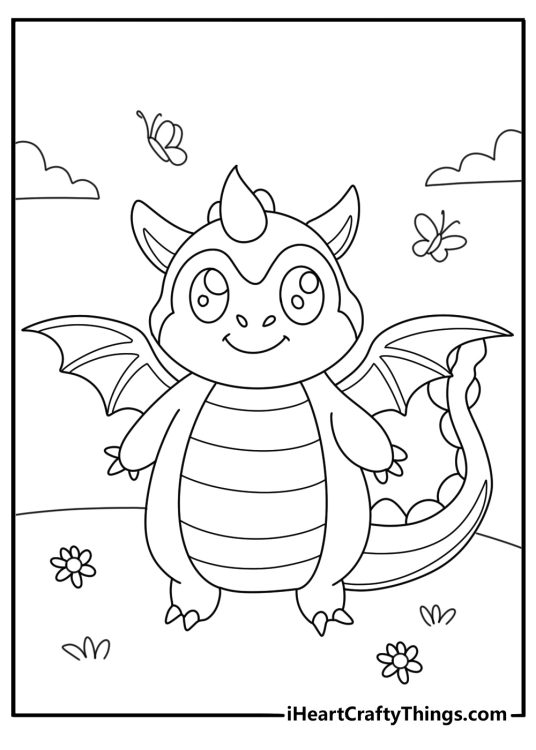 Baby dragon chasing butterflies in a meadow cute printable for kids