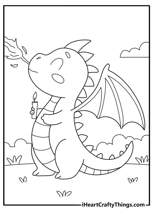 Baby dragon learning to breathe smoke from a candle easy coloring sheet for preschool