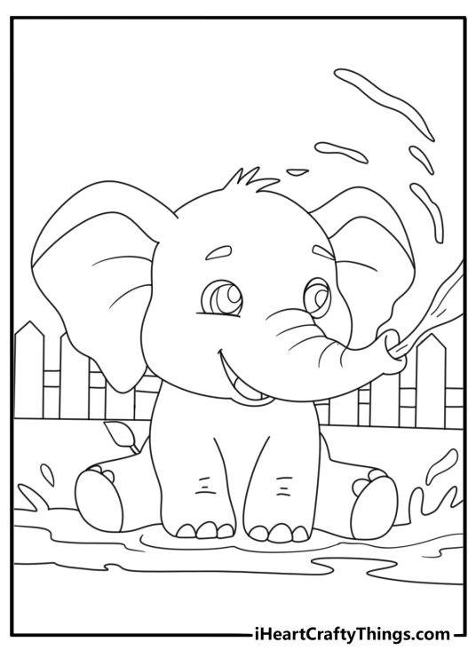 Baby elephant splashing water at zoo animal coloring page for preschool