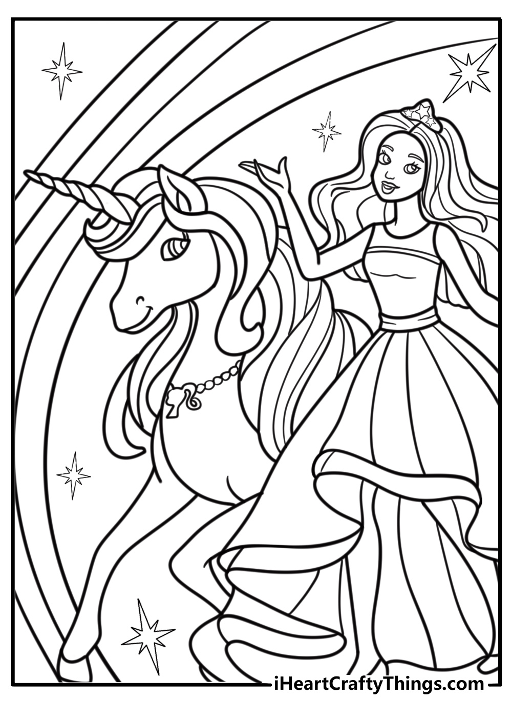 Barbie and unicorn coloring page with magical landscape