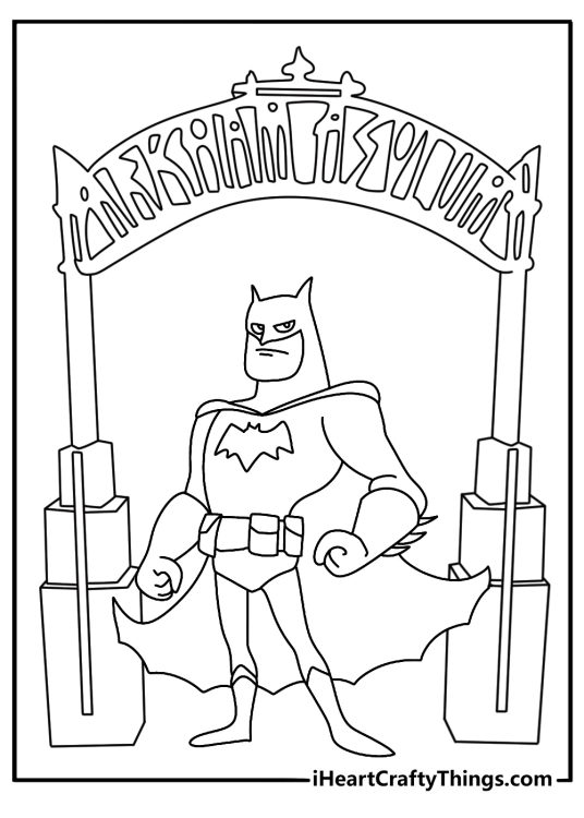 Batman coloring page for kids with Batman guarding Arkham Asylum gates
