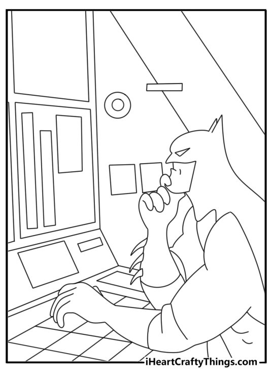 Batman coloring page with Batman checking the Batcomputer in the Batcave