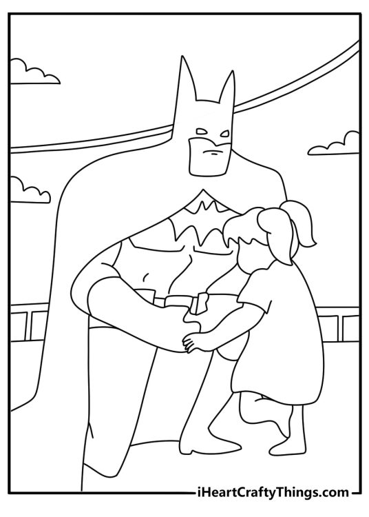 Batman coloring pages scene with Batman rescuing civilians near a bridge