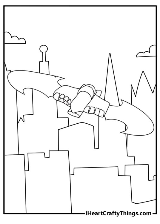 Batman coloring printable with Batman flying the Batwing over city towers
