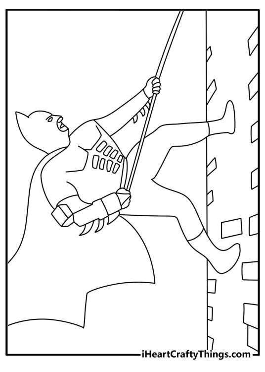 Batman coloring sheet with Batman climbing a brick wall using a grappling hook