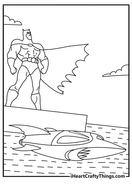 Batman coloring sheet with Batman standing beside the Batboat on a dock