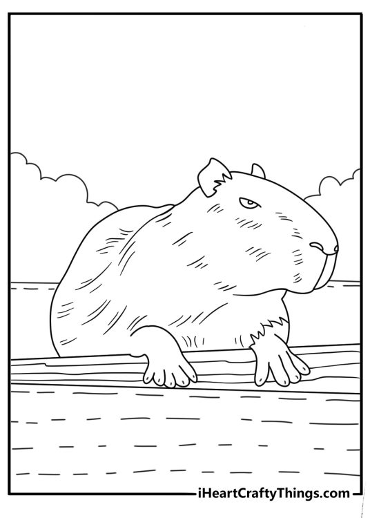Capybara coloring page with a capybara climbing onto a river log
