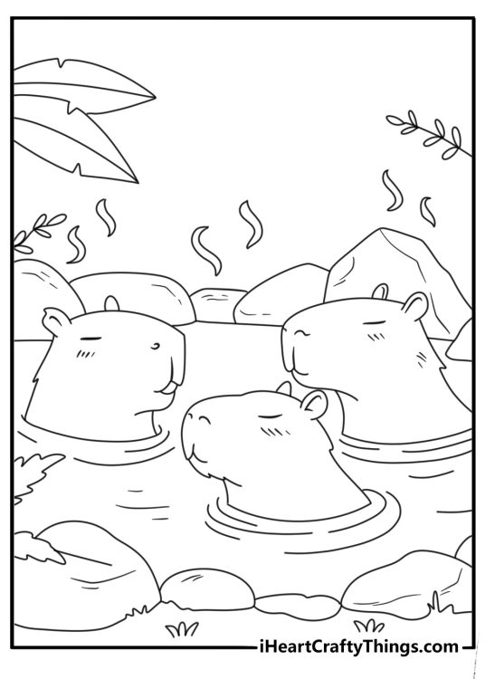 Capybara coloring page with a capybara soaking in a hot spring