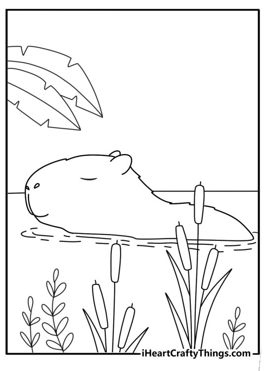 Capybara coloring pages scene with a capybara crossing a shallow stream