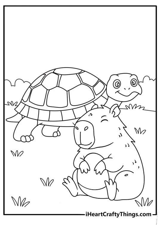 Capybara coloring printable with a capybara sitting beside a tortoise