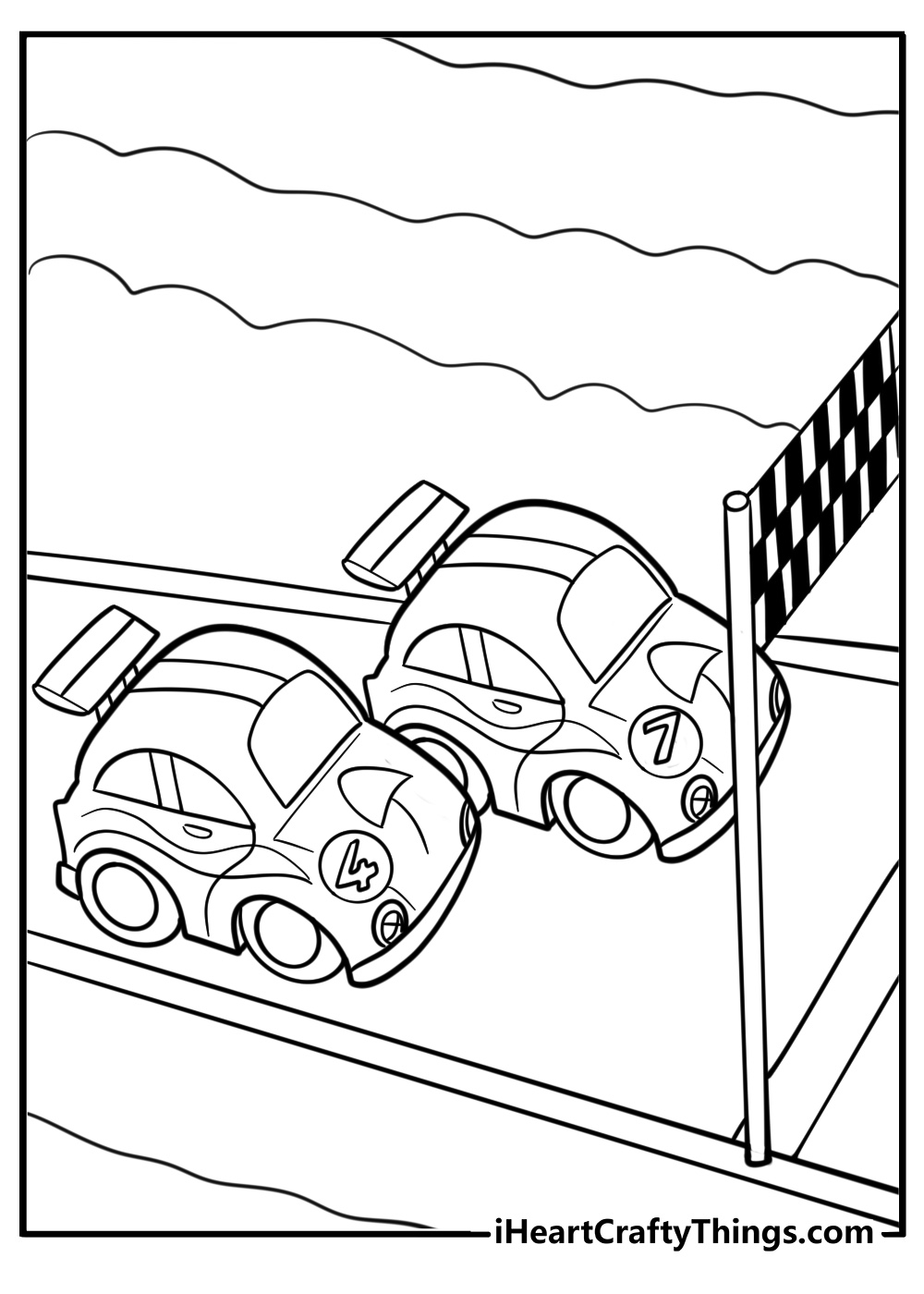 Cartoon NASCAR car racing another car fun coloring sheet