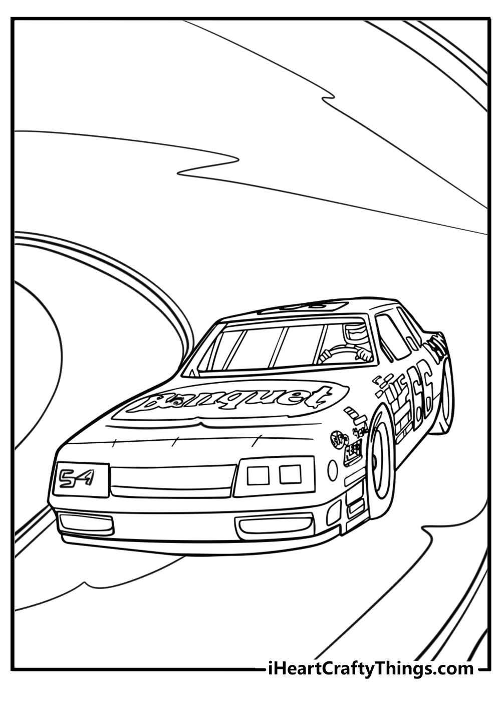 Cartoon NASCAR car racing another car fun coloring sheet