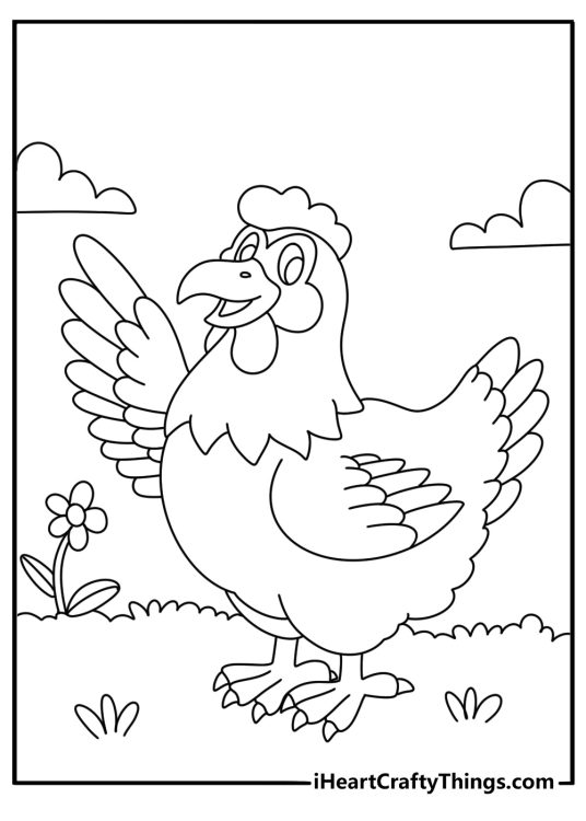 Cartoon chicken with a big smile fun coloring sheet