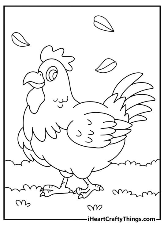 Cartoon chicken with big eyes fun coloring sheet for kids