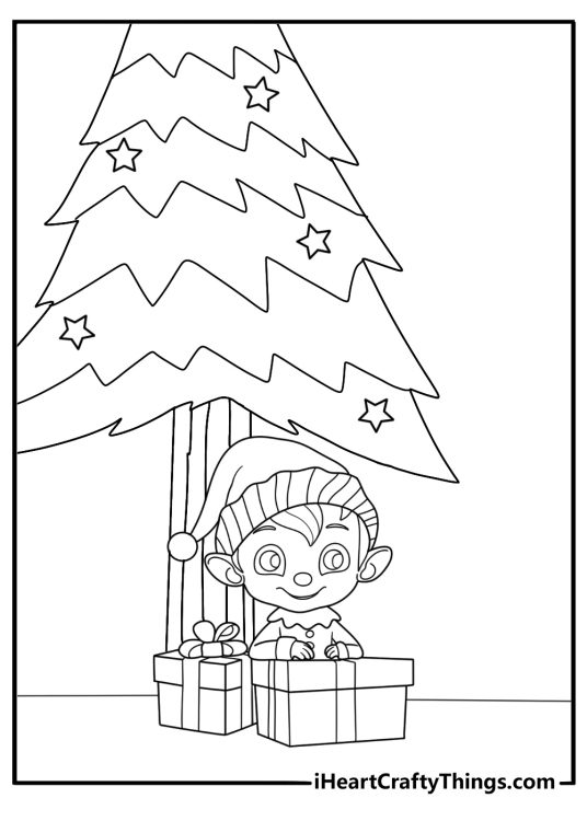 Cartoon elf wrapping a present with ribbon easy Christmas coloring sheet for kids